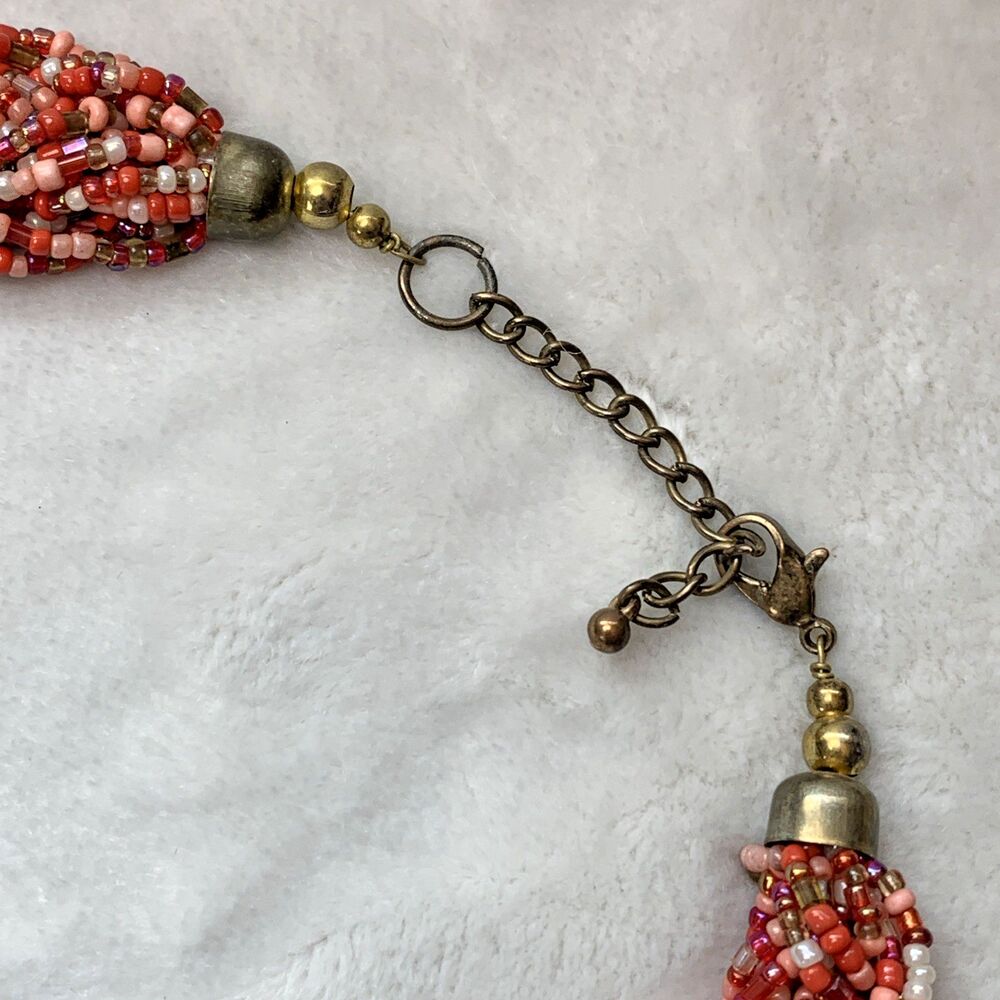 Vintage Multi Strand Seed Bead Necklace Red Orange Coral Torsade Gold Tone - Picture 4 of 8
